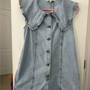 MABLE Light Wash Denim women’s romper with ruffled collar NWT